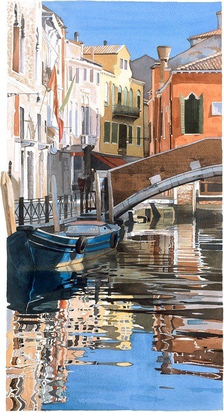 Watercolour Giclée print Venetian houses reflected in water, with bridge and boat