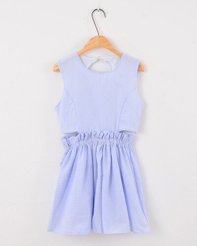 特！东大门韩版小清新竖条纹高腰收腰露腰无袖背心蓬蓬连衣裙