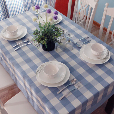 格调春天欧式田园蓝色大格子桌布布艺台布餐桌布茶几桌布
