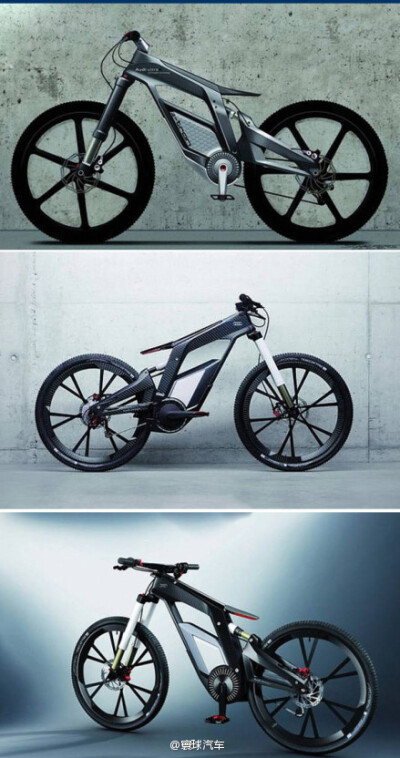 【奥迪 e-bike】该自行车采用碳纤维材料，总重约21kg，外观时尚前卫并具有科技感，绝对值得拥有的 e-bike.