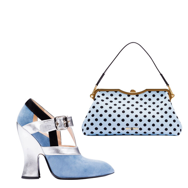 上班族可以考虑的搭配，职场时尚范儿的代表。 Miu Miu Leather-and-suede shoes, $790； Miu Miu Jacquard wool bag with bison strap, $1,790