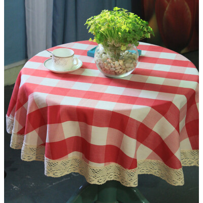 普丽新家大红白格子韩式田园棉台布茶几布餐桌圆桌布定制