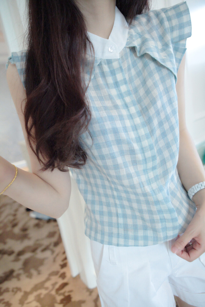 C●Dreamy●小清新经典格子文气优雅格子棉麻小飞袖
