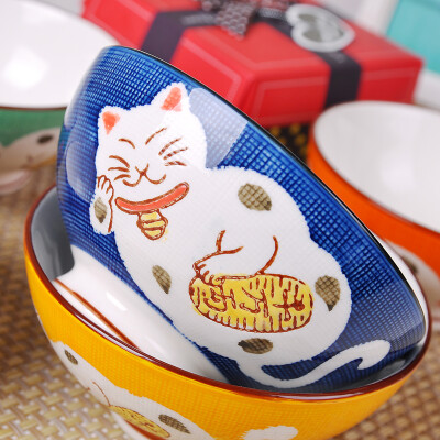 熊氏陶瓷餐具韩式五彩碗手绘招财猫米饭碗五碗套装