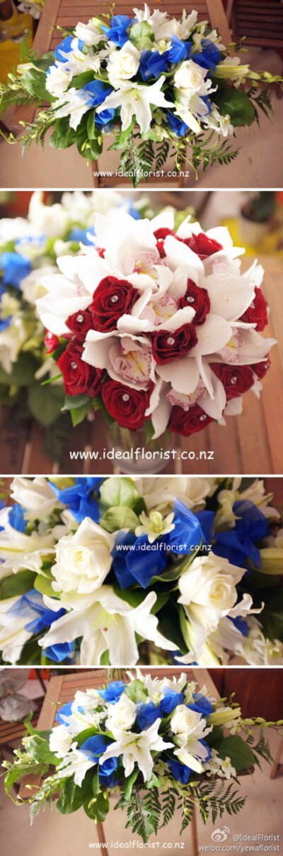 一位非洲新娘制定的样式 主桌花 需要深蓝色 做了一些丝带蝴蝶结装饰一下 手捧花用了红玫瑰和白色兰花
