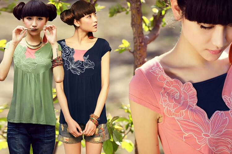  32130071 姽婳志 撞色贴布绣花娃娃衫T恤 A字版\撞色贴布\纯色绣花\分割剪裁\花形圆领\短袖\针织T恤\三色入