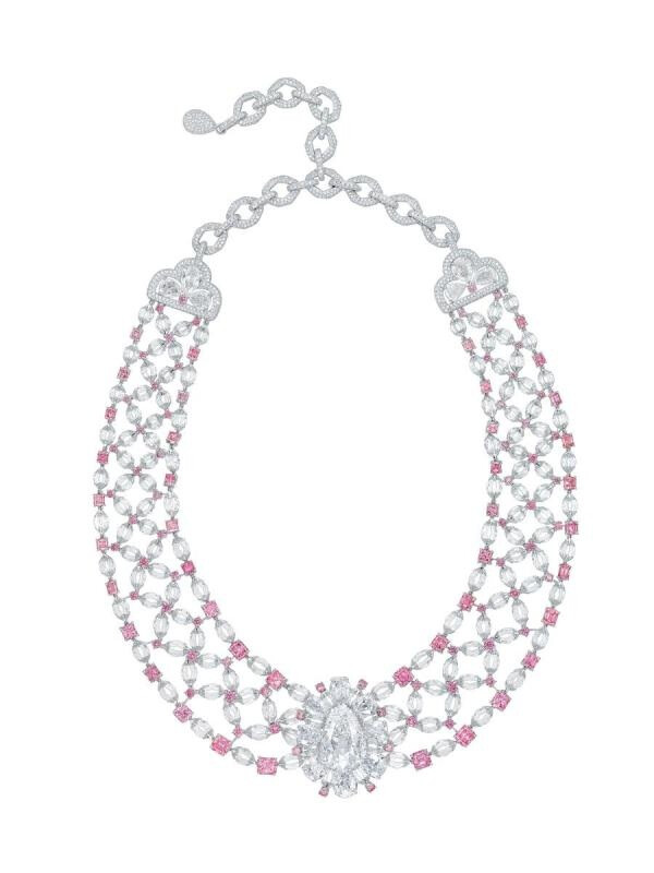 The stunning Golconda Lotus necklace, set with a 12.29ct Golconda diamond, pear-shaped diamond, 78 Argyle pink diamonds and Ainra-cut diamonds totalling over 121.99ct. It sold at Christie's in Hong Kong in 2010 for US$3 million