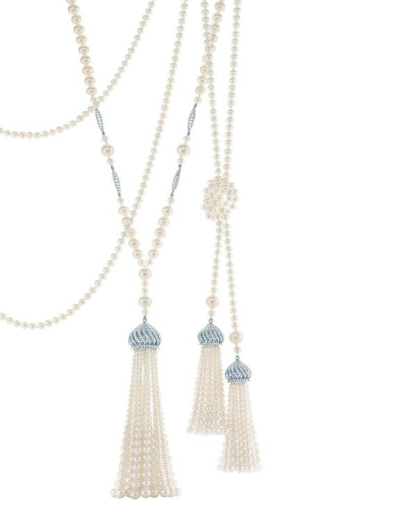 Tassel pendants of diamonds, freshwater cultured pearls and platinum. From The Great Gatsby collection by Tiffany &amp; Co., inspired by Baz Luhrmann’s film in collaboration with Catherine Martin.