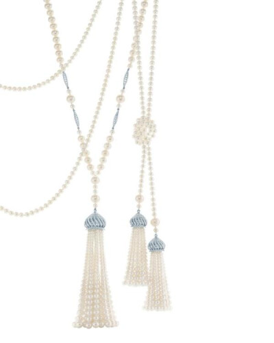 Tassel pendants of diamonds, freshwater cultured pearls and platinum. From The Great Gatsby collection by Tiffany &amp; Co., inspired by Baz Luhrmann’s film in collaboration with Catherine Martin.