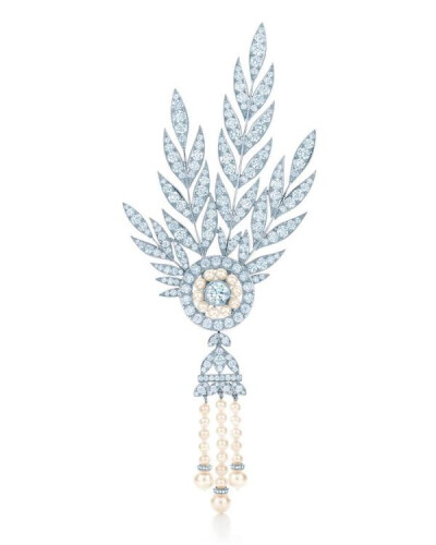 The Savoy, a diamond and freshwater cultured pearl headpiece with detachable brooch, inspired by a Native American design in the Tiffany Archives. From The Great Gatsby collection by Tiffany &amp; Co.…