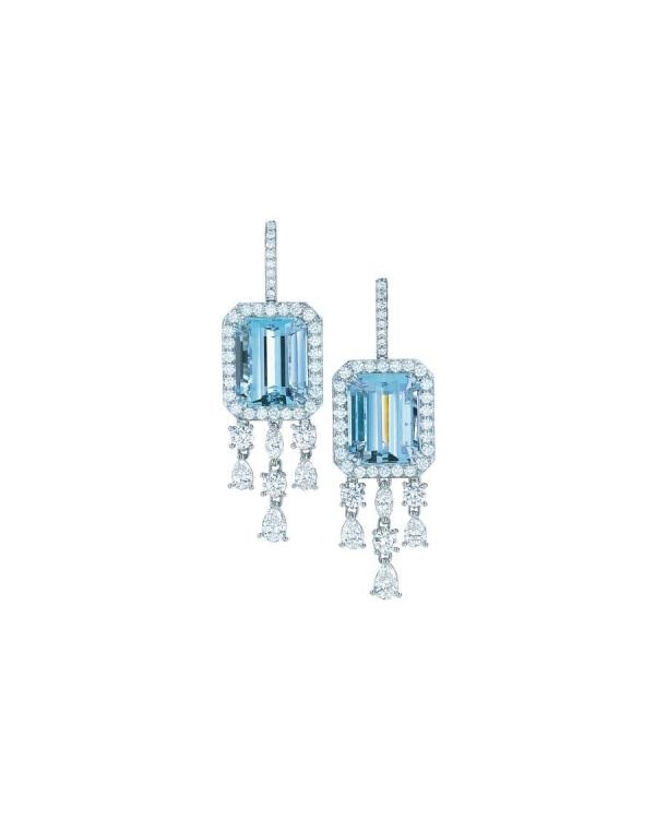 Earrings of emerald-cut aquamarines, diamonds and platinum. From The Great Gatsby collection by Tiffany &amp; Co., inspired by Baz Luhrmann’s film in collaboration with Catherine Martin.