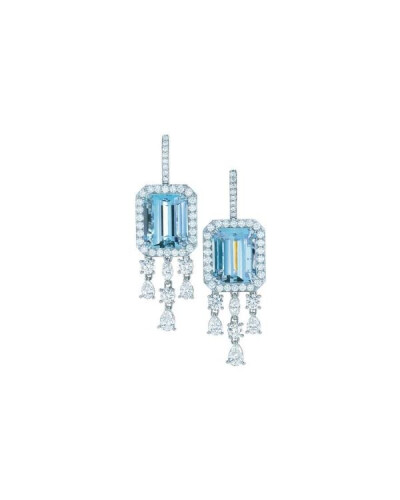 Earrings of emerald-cut aquamarines, diamonds and platinum. From The Great Gatsby collection by Tiffany &amp; Co., inspired by Baz Luhrmann’s film in collaboration with Catherine Martin.