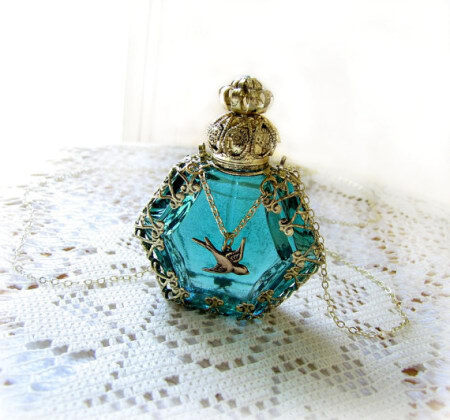 Teal Perfume Bottle Glass Necklace Filigree Wrapped With Bird