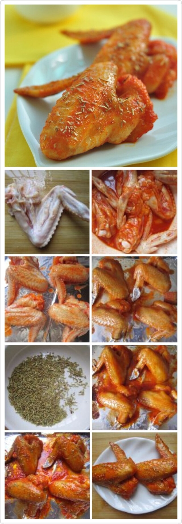 远离路边摊，#在家自助烤#之「迷迭香烤翅」 主料：鸡全翅4个。辅料：油适量迷迭香适量烤肉料适量。步骤：1.鸡翅洗净，在反面用刀划几个小口（方便入味）， COOK100烤肉料，加几汤匙水，混合拌均匀；2 .渍入烤肉料内，盖上保鲜膜，冷藏腌渍4小时以上，腌鸡翅剩下的汁水混合适量的食用油；3.烤盘铺锡纸，鸡翅以相同的间隙放好。鸡翅的尾端包上锡纸。（防止先糊）4.烤箱200度预热，25分钟。中层烤8分钟后，取出刷上加了油的汁水；5.适量的迷迭香备用。6.步骤4同样的做法，反复刷三次汁水；7.刷上最后一次汁水后，撒上迷迭香；8.再烤几分钟取出装盘即可。小贴士鸡翅要事先充分腌入味。