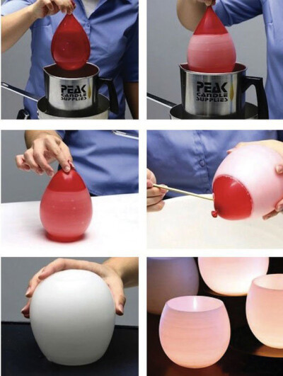 材料：蜡烛、蜡烛芯、气球。 首先您需要将蜡烛融化在一个大大的碗里，然后用一个吹好的气球，沾上蜡烛之后等它冷却之后戳破就会保留圆球状了，里面装上蜡烛就可以了。