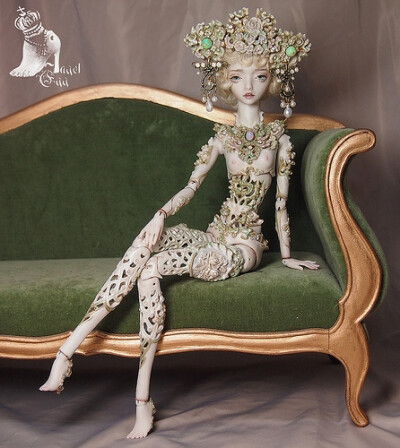 `Little Dragon` or `Arkenstone` is a one of a kind, 34cm tall porcelain Angel Egg doll.