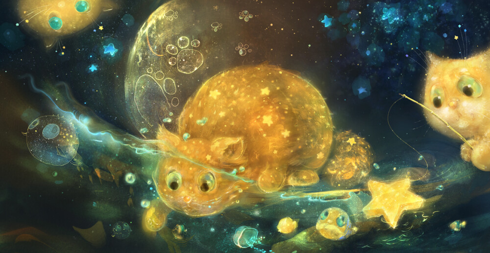 猫 星空 手绘 插画 动漫