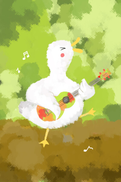 iphone壁纸原创，手绘，简约，插画，清新，弹乌克丽丽的鸭子【哈喽黑鸡】