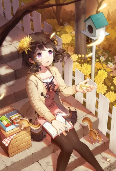 「二次元 少女」插画 原创 手绘 Pixiv 菊と少女[侵删]【id=23501542 畫師：GILSE[ギルセ]】