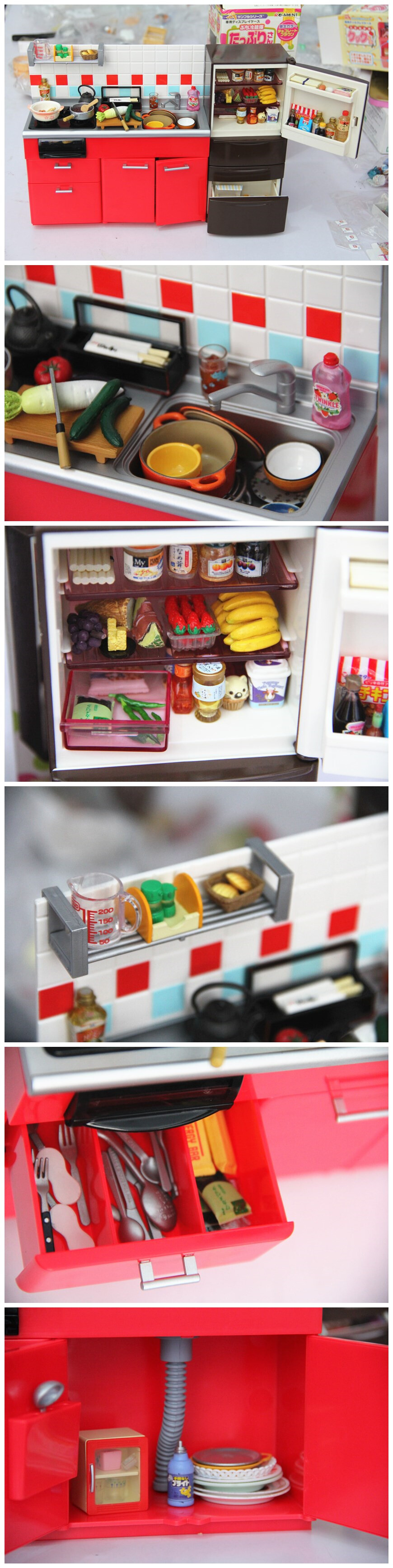 【re-ment】棕色冰箱、红色橱柜。厨房用品哦~看着很好玩于是就收集了下来做成一个套图发给大家看看。希望大家也喜欢食玩。
