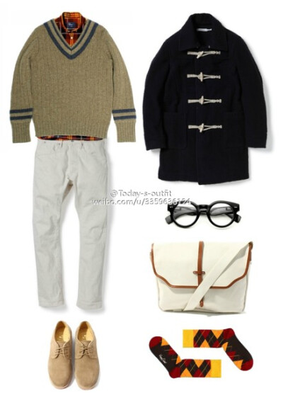 格子衬衫&amp;毛衣：fred perry , 黑色大衣&amp;裤子：nonnative , 鞋子：beams ,袜子：happy socks【EyeStore】Happy Socks袜子创意纯棉轻薄欧美男女彩色时尚潮袜 .裤子的裤型会是修身或者是skinny，卷起露出格子袜…