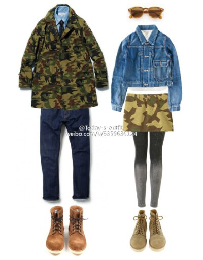 迷彩. 男上身journal standard,裤子nonnative,靴子visvim. 女牛仔外套visvim,裙子apc,靴子yuketen
