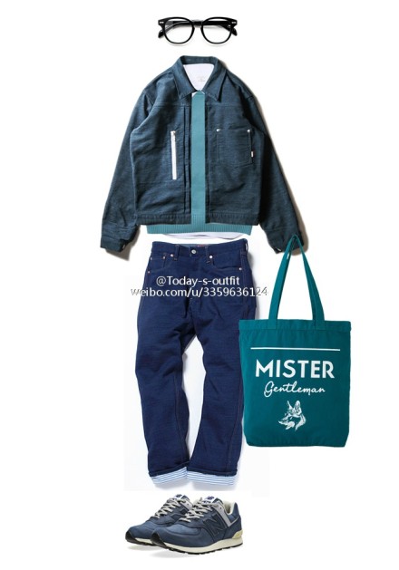 blue boy. 外套：ROARINGWILD 13AW STOCKMAN-ZIP / C-JKT 深蓝色夹克 外套 , 蓝色圆领毛衣&amp;包：mr gentleman , 裤子：JUNYA WATANABE X Levi's , 鞋子：new balance http://item.taobao.com/item.htm?id=22614535944&amp;spm=a310v.4.88.1