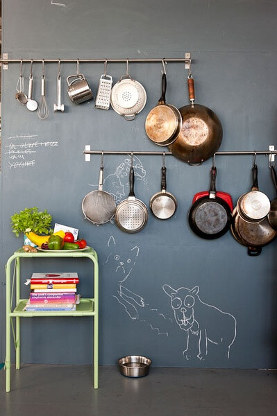 灰色的手绘墙使普通的厨房用具也显得那么高雅