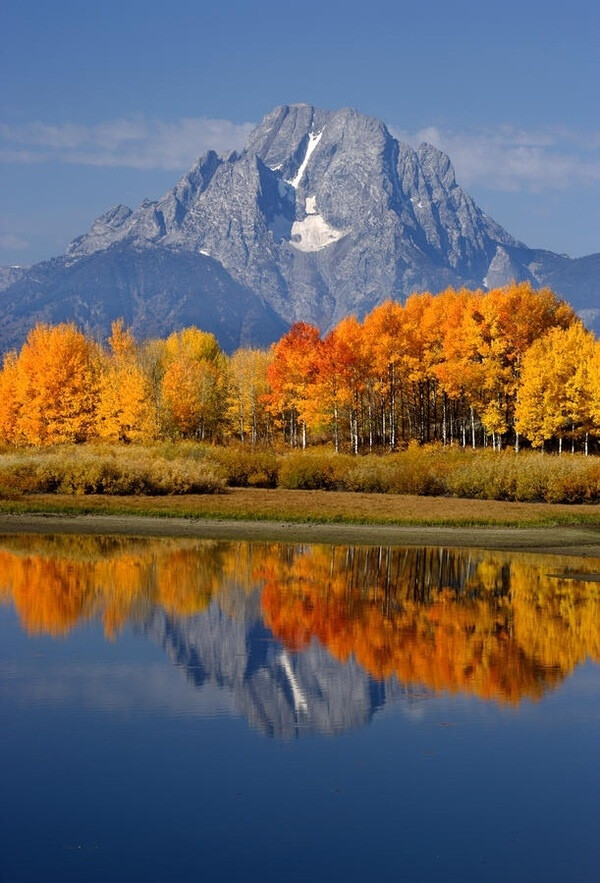 大提顿国家公园(Grand Teton National Park),位于怀俄明州北部，黄石国家公园以南，高山地形。以连绵的雪山山峰著名，沿着大提顿山脉绵延超过200英里长，伴随着蛇河(Snake River)流经国家公园。园区内巍峨的雪山高耸入云，广阔的草原，纯净的湖水以及丰富的野生动物共同构成一幅美丽的画卷。还记得著名的派拉蒙影业(Paramount)那雪山顶山环绕一圈五角星吗？那背景就是大提顿国家公园的雪山。