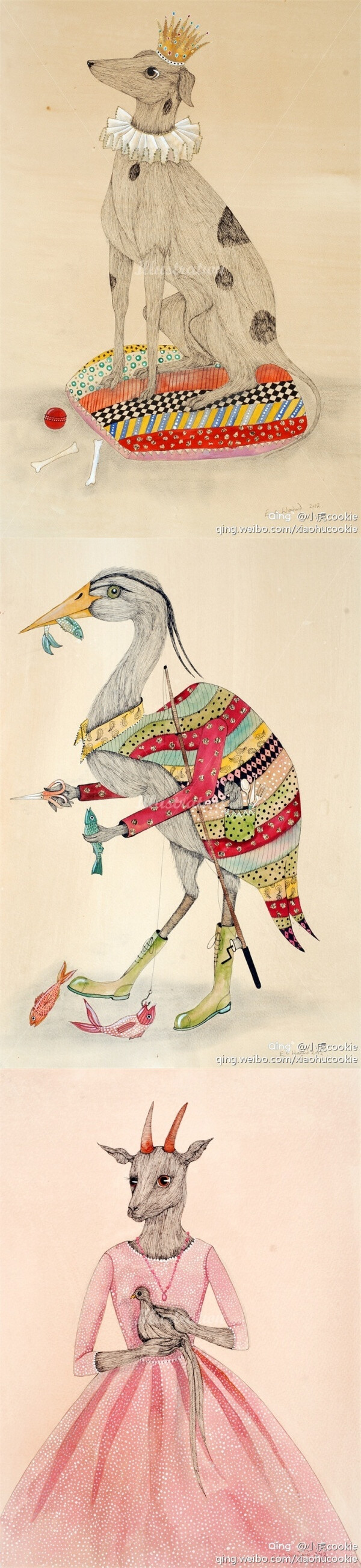 插画师Emily Carew Woodard，成功发扬了英国著名插画艺术家 John Tenniel 和 Arthur Rackham的风格，这些在低光泽褶皱仿古纸上创作的富有奇趣的动物作品被艺术家们誉为“paper taxidermy”（纸标本）。身着马甲的兔子，骑在斑马上的五彩斑斓的鱼，动物们手中拿着的道具，童年时代充满好奇与冒险的幻想活跃在纸上，编织成一幕幕美妙的故事，请尽情想象……