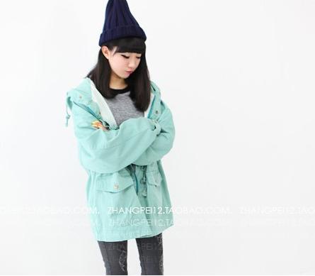 休闲宽松带帽收腰纯色长风衣外套