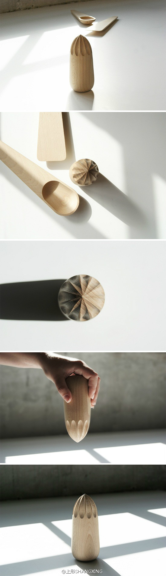 由丹麦设计工作室Kibisi 设计，Turn Around 是一款木制的手动榨汁器。借由普通的天然木料以朴拙的工艺制成，能经历长久的日常使用而更添魅力，深具简约质朴的设计精神。欢迎关注「山形」SHANXING微博：http://weibo.com/shangxingfurniture
