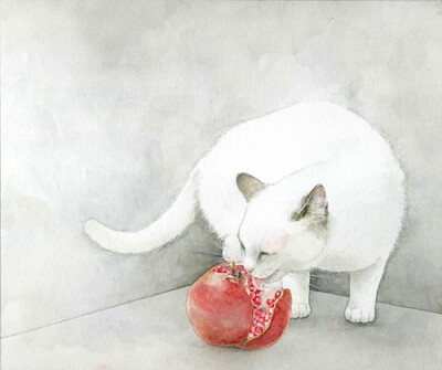吃石榴的猫，By 插画家山田绿 (Midori Yamada) 。