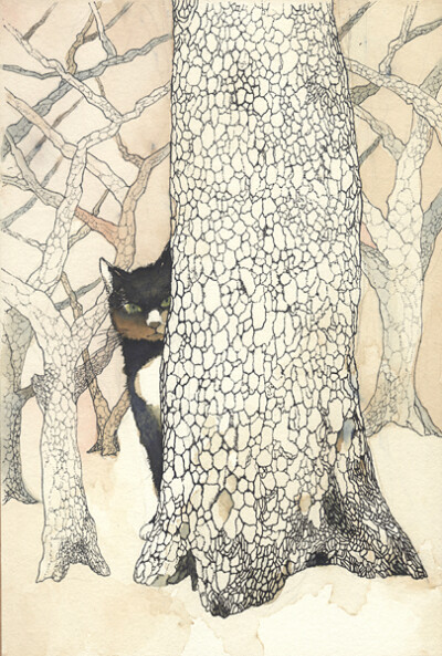 日本插画家山田绿 (Midori Yamada) 喜欢画猫，她笔下的喵星人总是慵懒怡然，摆着一副傲娇的可爱表情，慢吞吞地在花丛里走来走去，找一块最舒适的树荫来小憩。