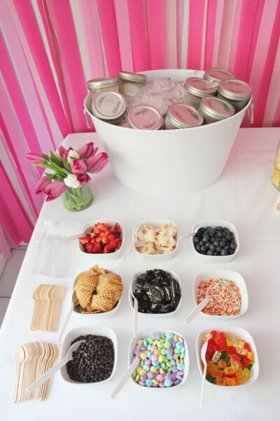 Ice cream sundae bar. Scoop ice cream into mason jars. Then, just keep the mason jars on ice!