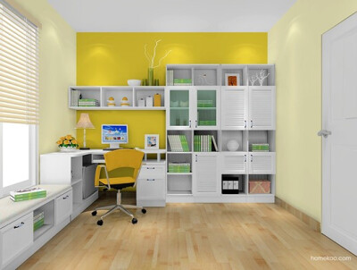 黄色的背景墙面与象牙白的柜体，使整个空间清爽、明亮。窗台下放置上一排软榻矮柜，矮柜下增加了三个收纳空间，大大增加储物量。