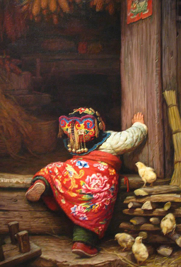 【油画】李自健《大红花布包裹的童年》