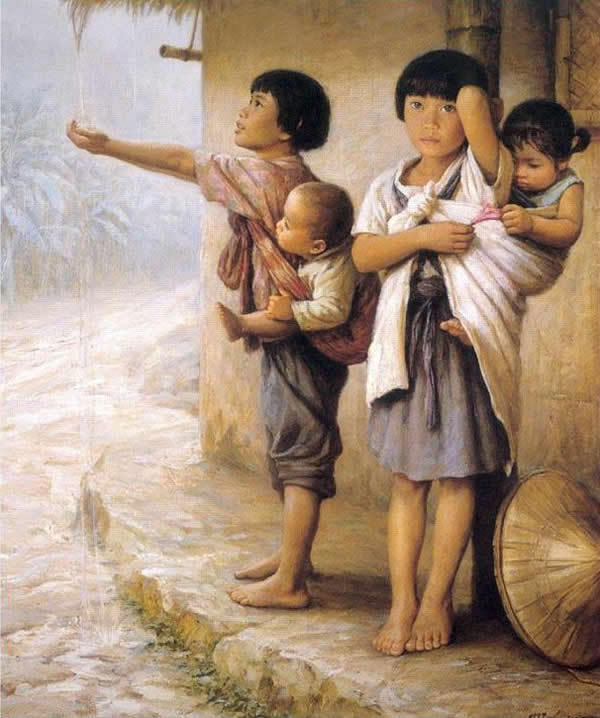 油画李自健姐弟情深