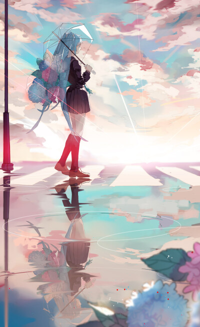 ametrin p站 二次元 原创 初音未来 雨 伞 云 倒影