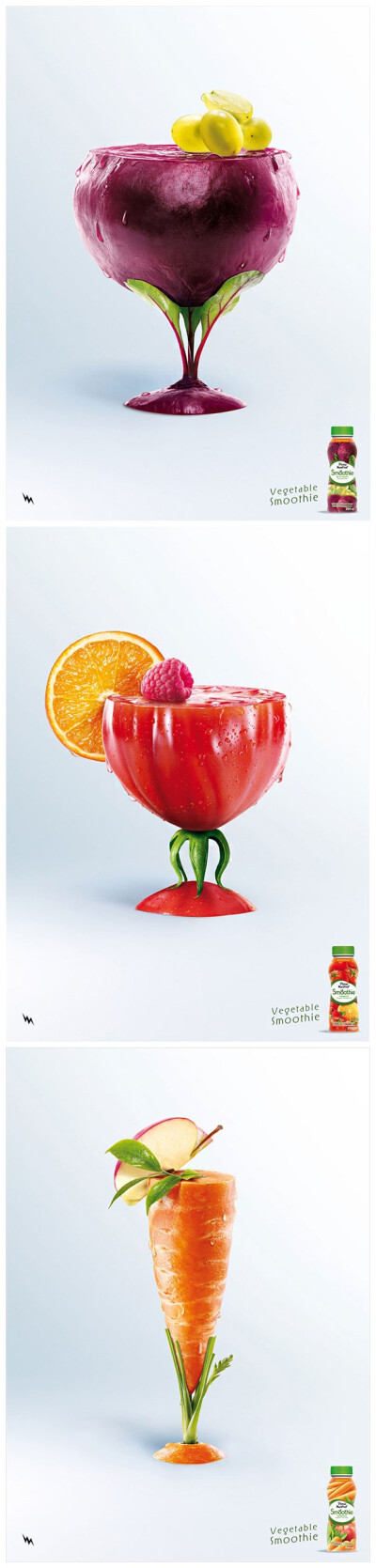 国外的一组蔬菜汁饮料创意广告，每个图像中的每个蔬菜都被妆点成鸡尾酒一样高雅，不但体现了产品的原材料，显示出精制而成，更让产品提高了层次，让人有一饮而尽的冲动，有木有~