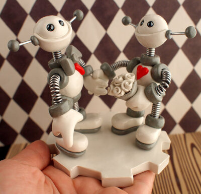 【精彩一刻】之国外生活趣事儿。Robot Wedding Cake Topper READY TO SHIP Cute Bots Classic White and Gray - Clay, Wire 曦