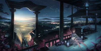 朝と夜の扉 p站 二次元 原创 风景 光 门 星 天空