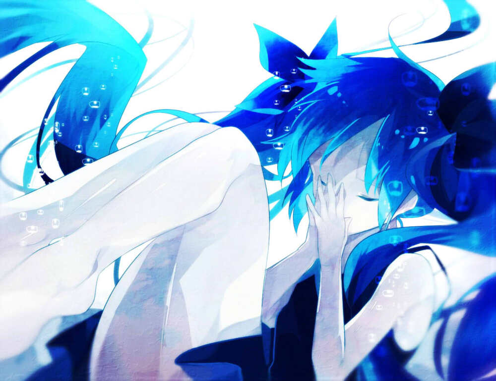 どこまでも 沈んでいく。ちょっと息抜きに p站 二次元 原创 初音未来 miku 青 透明感
