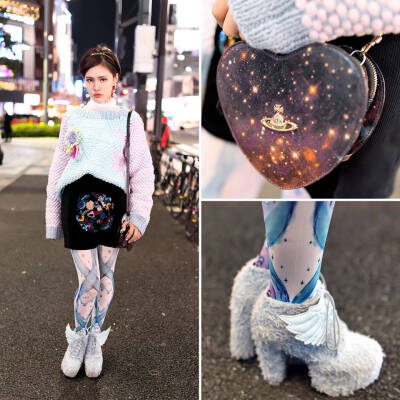 Kokoru Kin is a fashion student who we met in Harajuku after dark. Her look features a Minju Kim x H&amp;M sweater, furry One Spo winged heels &amp; a Vivienne Westwood heart-shaped space bag.