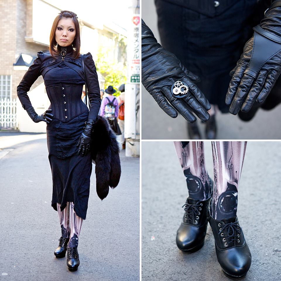 Here's a striking dark street style that caught our eye in Harajuku. Her look features an Alice Auaa jacket, Pure One corset, Dangerous Nude tights, resale shoes &amp; Bunkaya Zakkaten accessories.