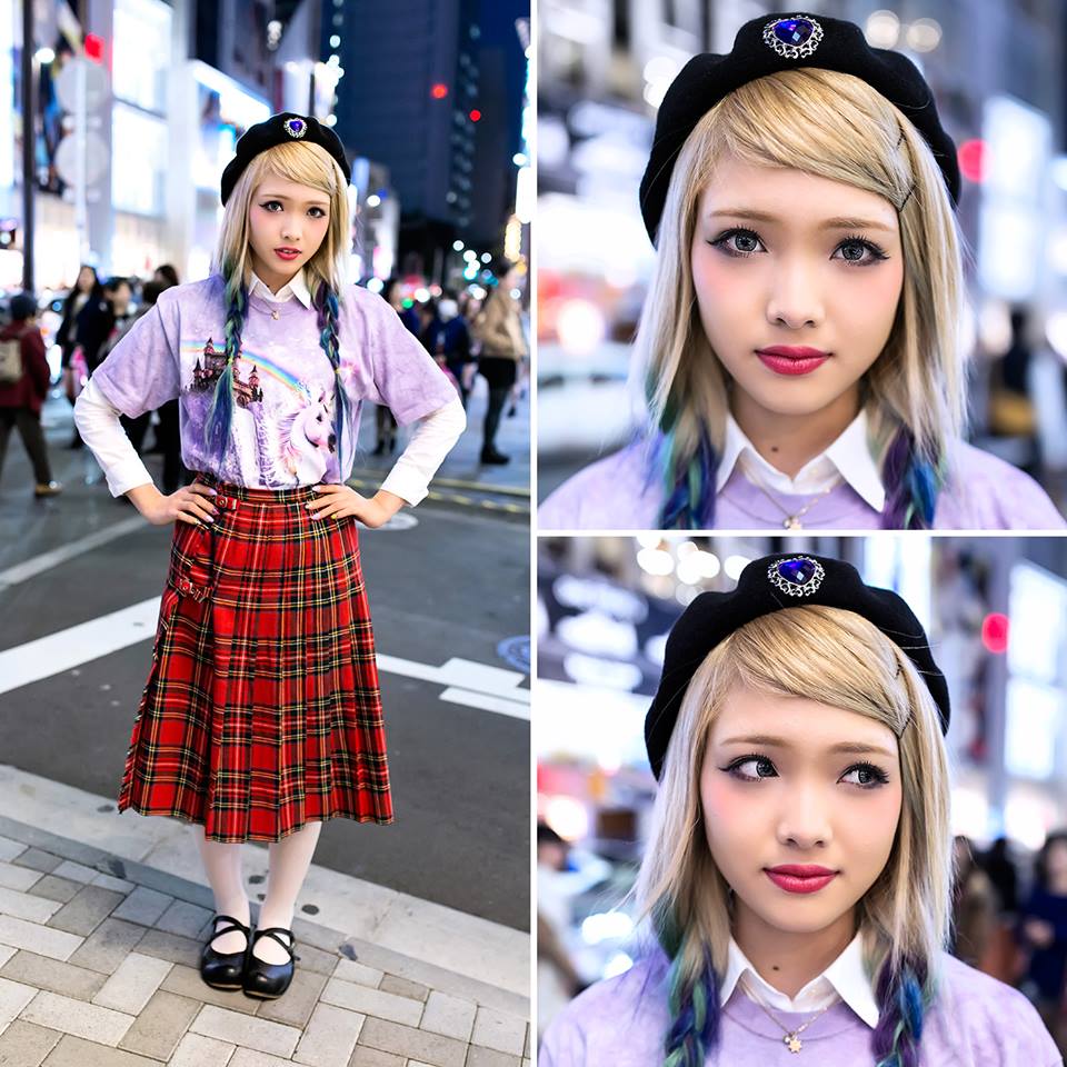 Ezaki Nanaho is an 18-year-old Egg Magazine reader model who is now working at the popular Nadia Harajuku boutique. Her look here includes pretty blue ombre/dip dye hair, a unicorn t-shirt, plaid resale skirt &amp; ballet flats.