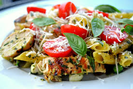 Pasta with Pesto, Peas, Pancetta and Grilled Chicken