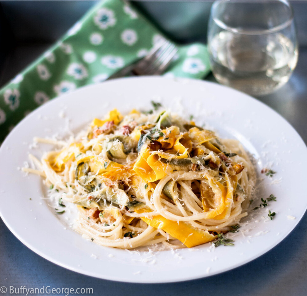 Zucchini and Summer Squash Ribbons on Pasta with Creamy Goat Cheese Sauce