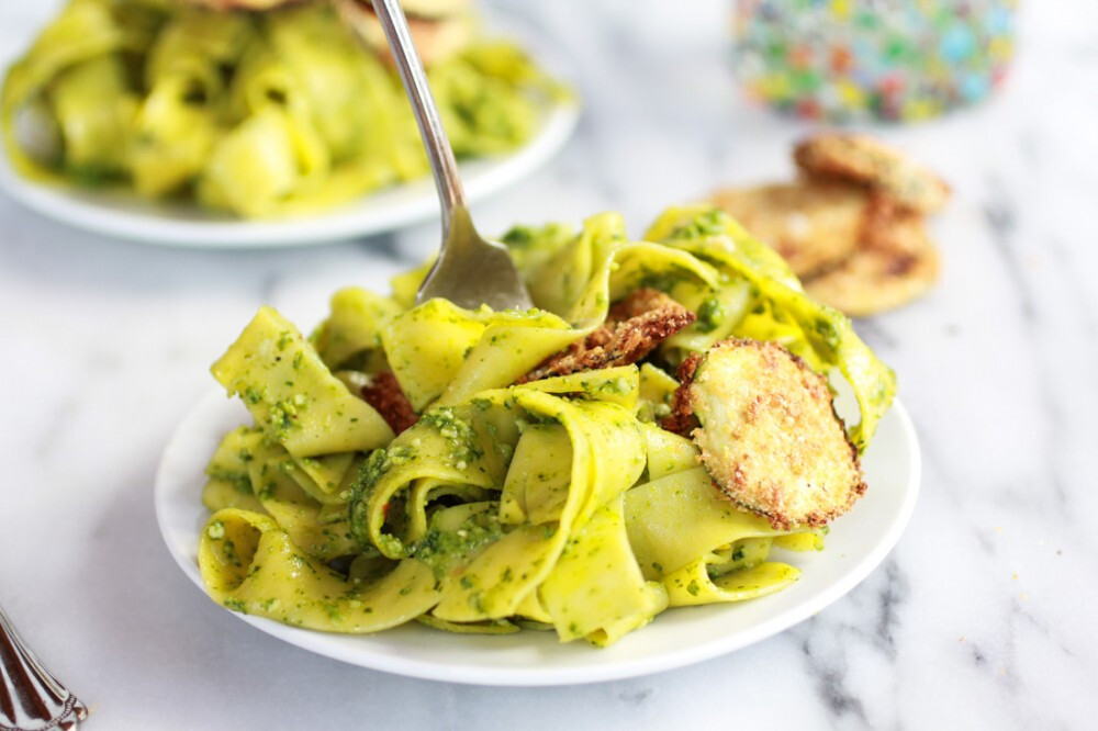 Fried Zucchini + Mint and Pistachio Pesto Pappardelle Pasta