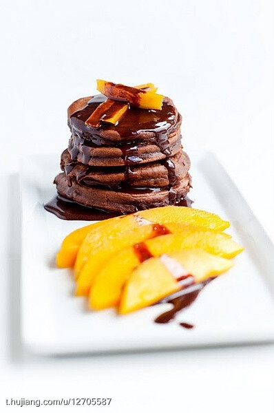 Chocolate Pancakes with Mango and Chocolate Sauce